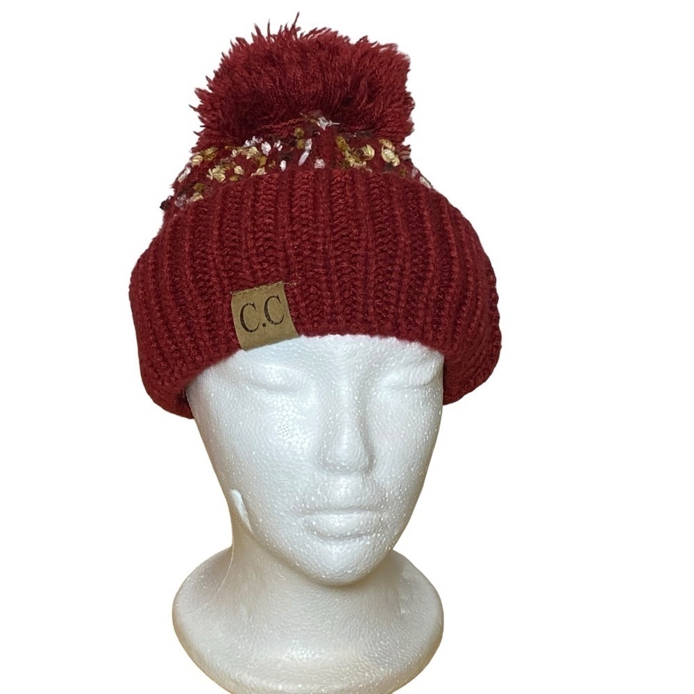 C.C Burgundy One size Cable knit Pom Pom winter Hat